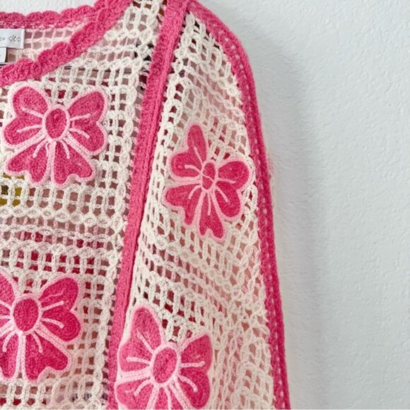 House of Harlow Knit Crochet Fringe Pink Bow Sweater OS NWT - Picture 2 of 6